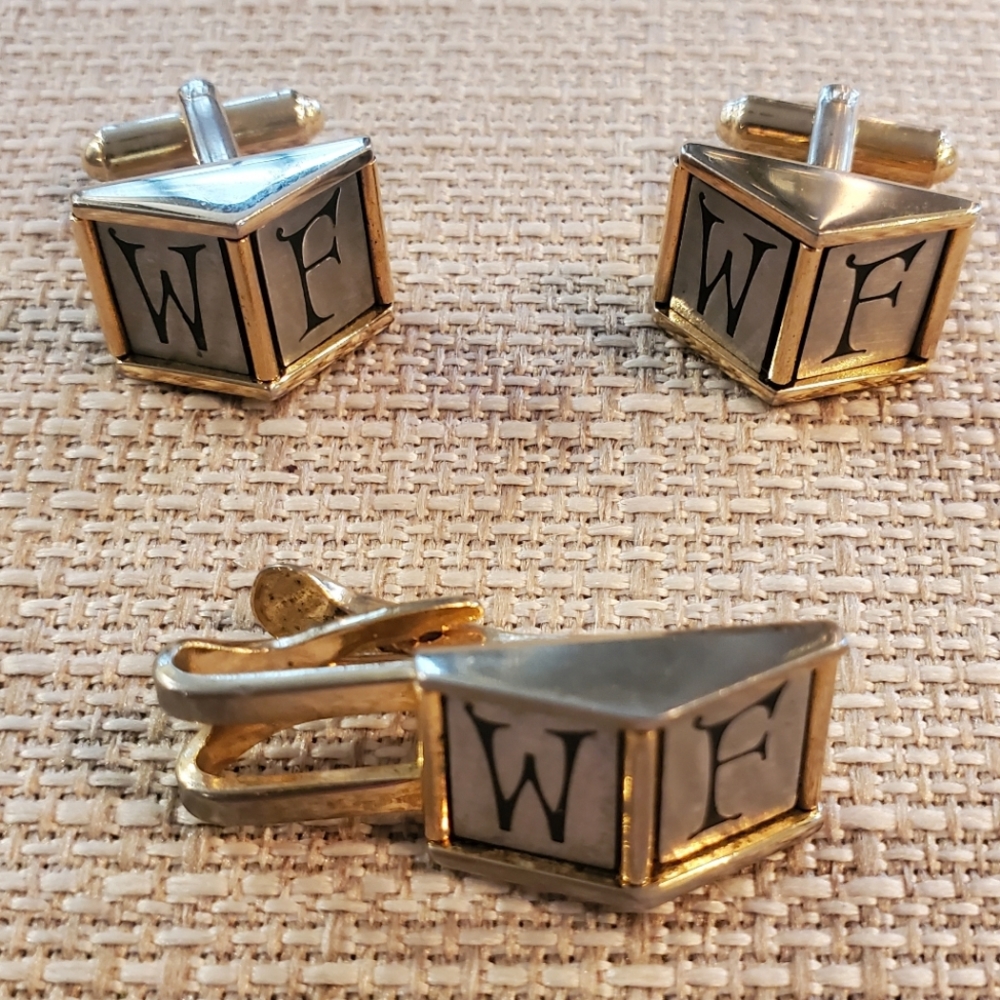 Vintage MCM Hickok gold/silvertone monogrammed "WF" cuff links and tie clip